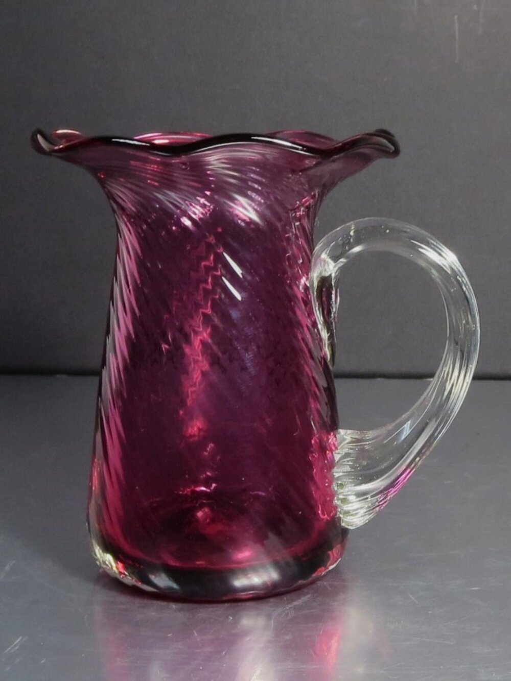 Vintage Hand Blown Cranberry Glass Pitcher Ruffled Rim Art Glass